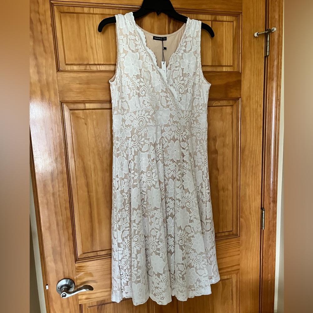 NWT Amelie Boutik nude dress with white/ivory lace overlay.